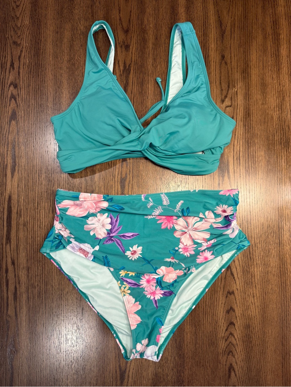 Cupshe Teal Floral Twist-Front Bikini Set Size L